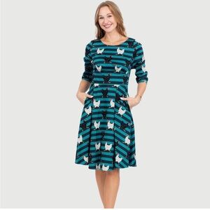 Eva Rose Chicken Hen Print Striped Fit & Flare 3/4 Sleeve Dress w Pockets